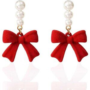 Red Bow Earrings for Women, Long Tassel Drop Earrings, Elegant Preppy Jewelry